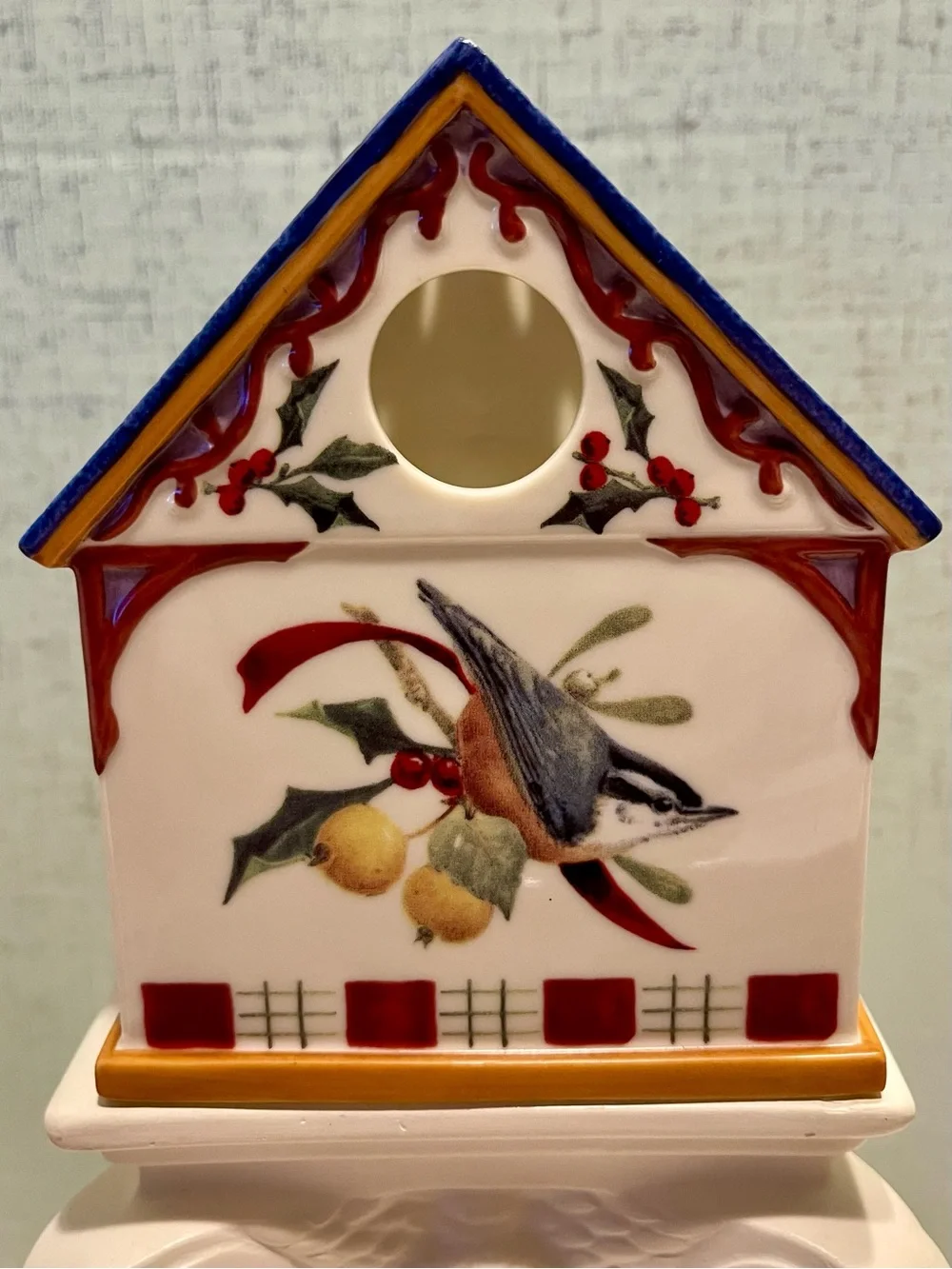 VINTAGE Lenox Winter Greetings Ceramic Votive Holder NUTHATCH BIRD EUC